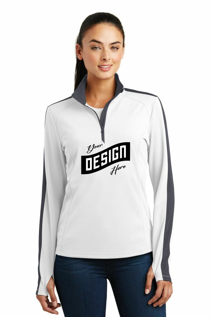  DISCONTINUED  Sport-Tek ®  Ladies Sport-Wick ®  Textured Colorblock 1/4-Zip Pullover