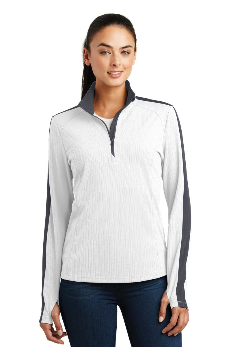  DISCONTINUED  Sport-Tek ®  Ladies Sport-Wick ®  Textured Colorblock 1/4-Zip Pullover