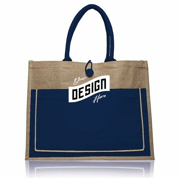 Two Tone Jute Tote Bag W/ Front Pocket & Colored Handles