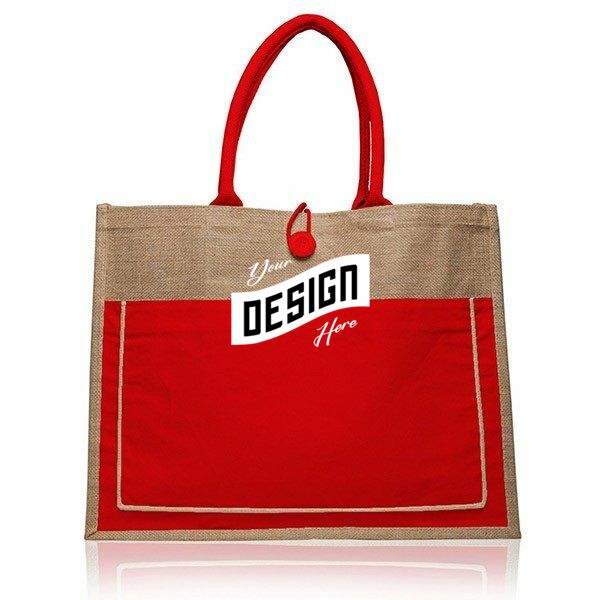Two Tone Jute Tote Bag W/ Front Pocket & Colored Handles