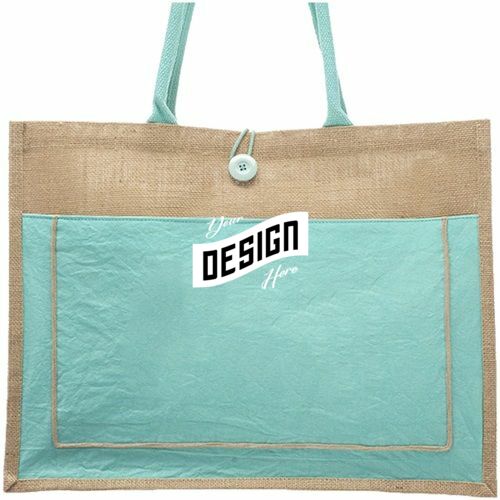 Two Tone Jute Tote Bag W/ Front Pocket & Colored Handles