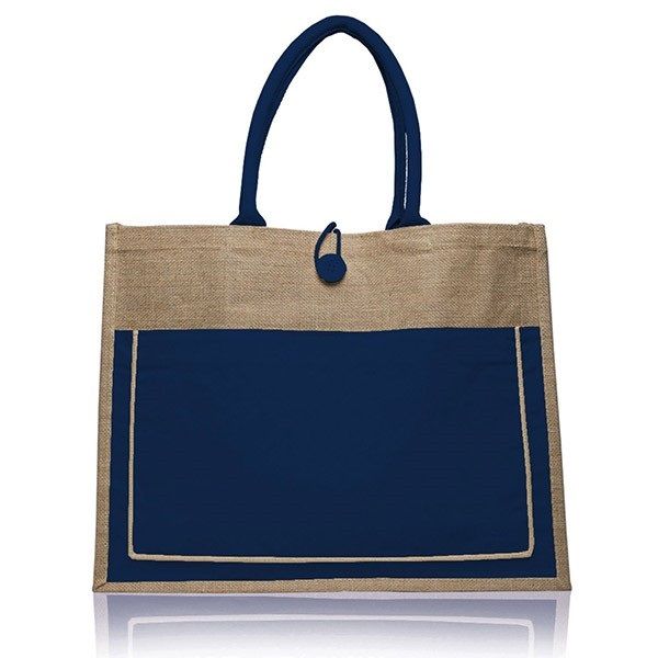Two Tone Jute Tote Bag W/ Front Pocket & Colored Handles